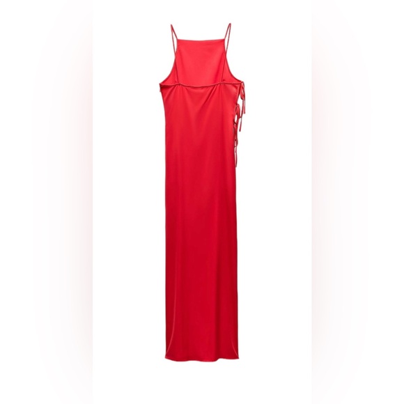 Zara New Womens Red Tied Satin Effect Midi Dress XS Open Back Slit, Lining, Zip - Picture 3 of 8